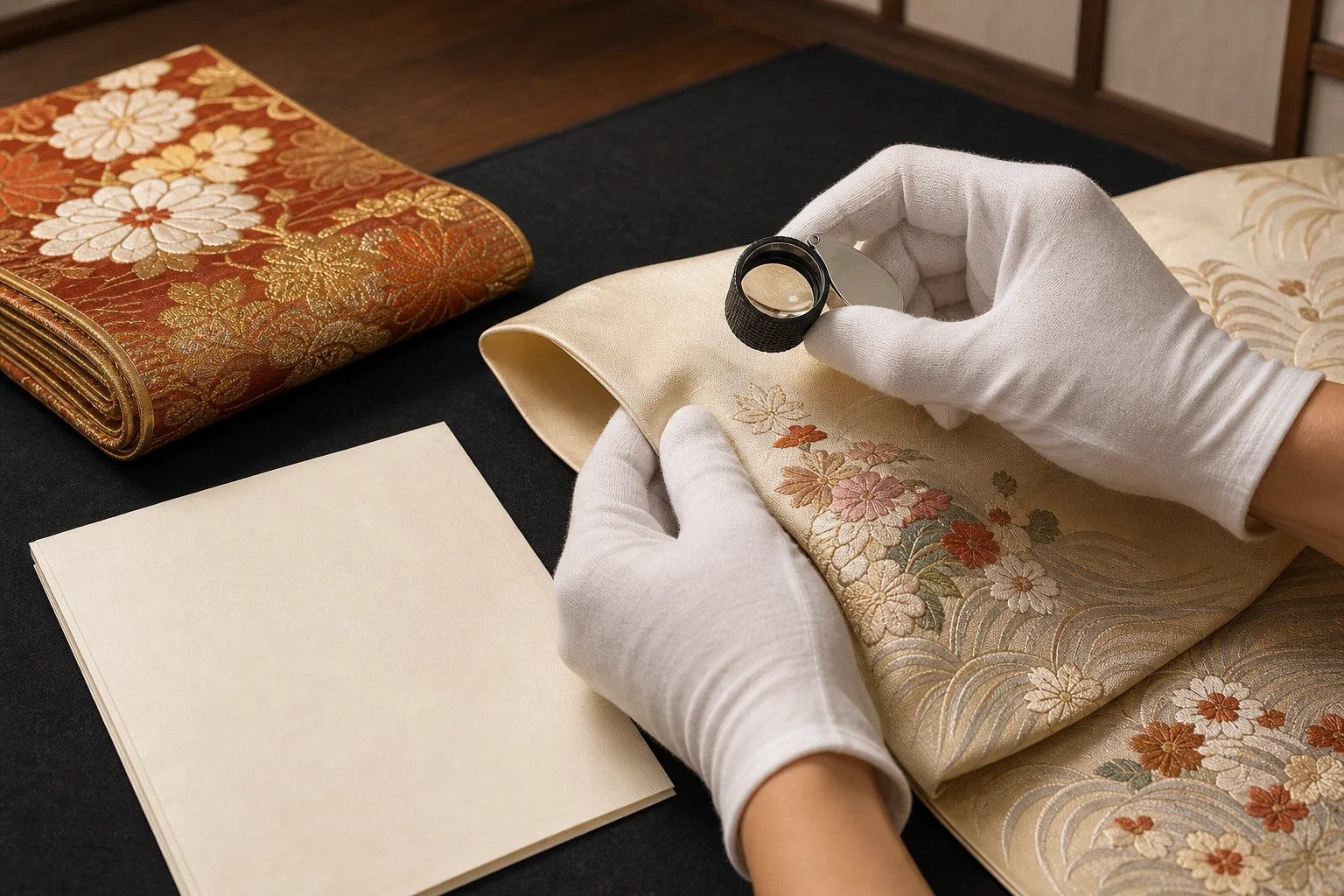 白手袋を着用した査定スタッフがルーペで着物の織りを確認している様子