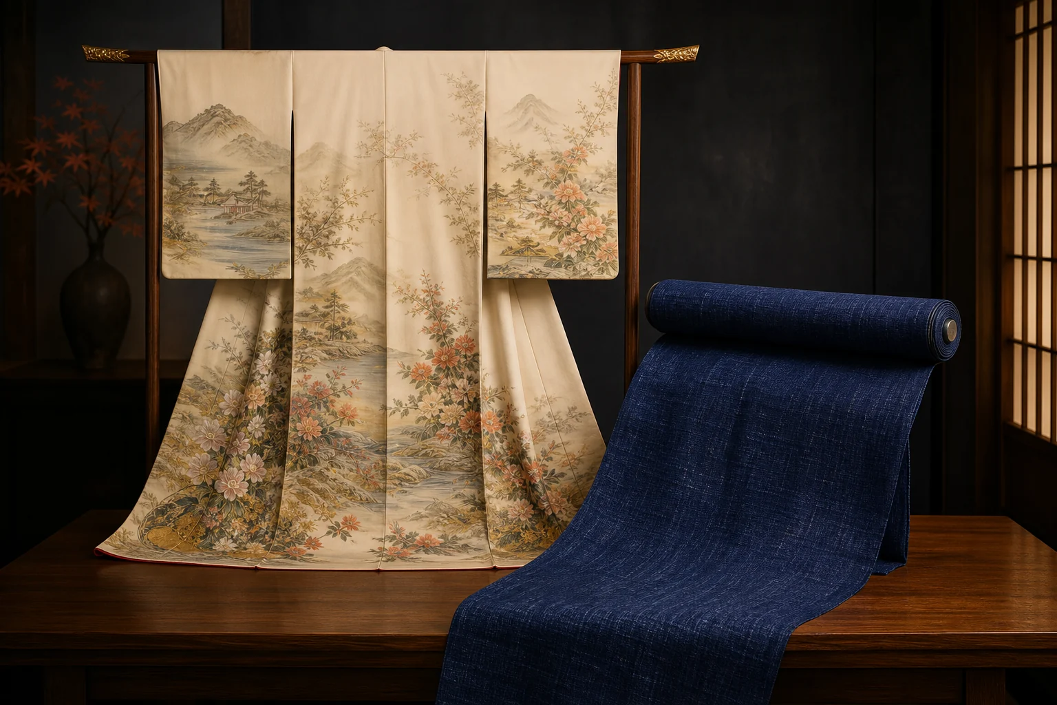 手描きの着物と藍色の織物