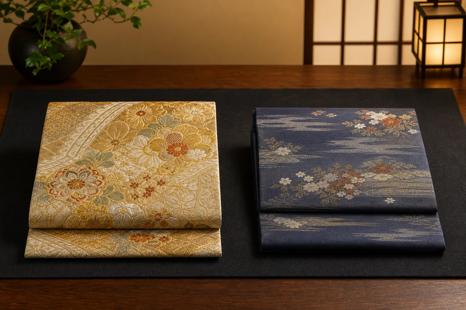 金色の袋帯と藍色の名古屋帯