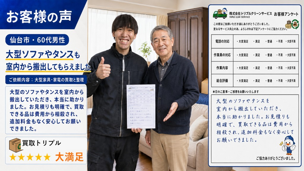 仙台市・60代男性のお客様の声（大型家具の買取・搬出）