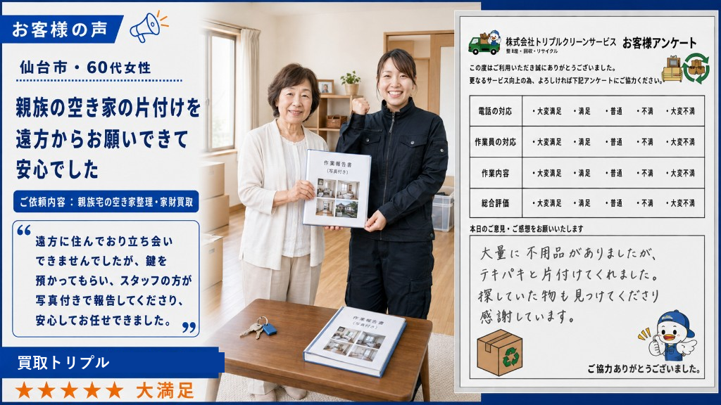 仙台市・60代女性のお客様の声（遠方からの空き家整理）