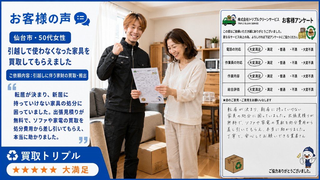 仙台市・50代女性のお客様の声（引越しに伴う家財の買取）