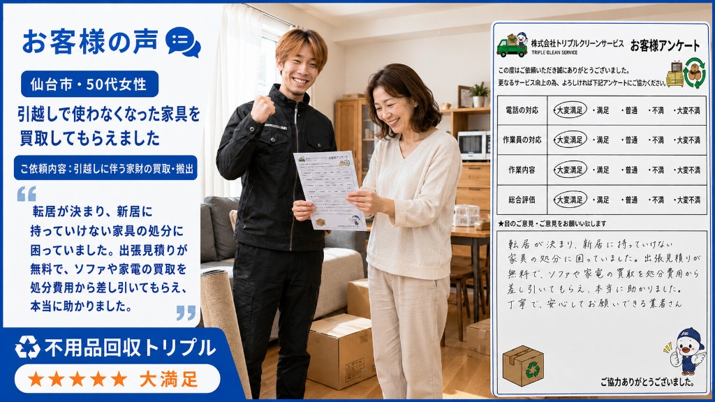 仙台市・50代女性のお客様の声（引越しに伴う家財の買取）