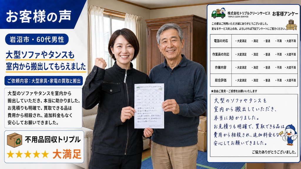 仙台市・60代男性のお客様の声（大型家具の買取・搬出）