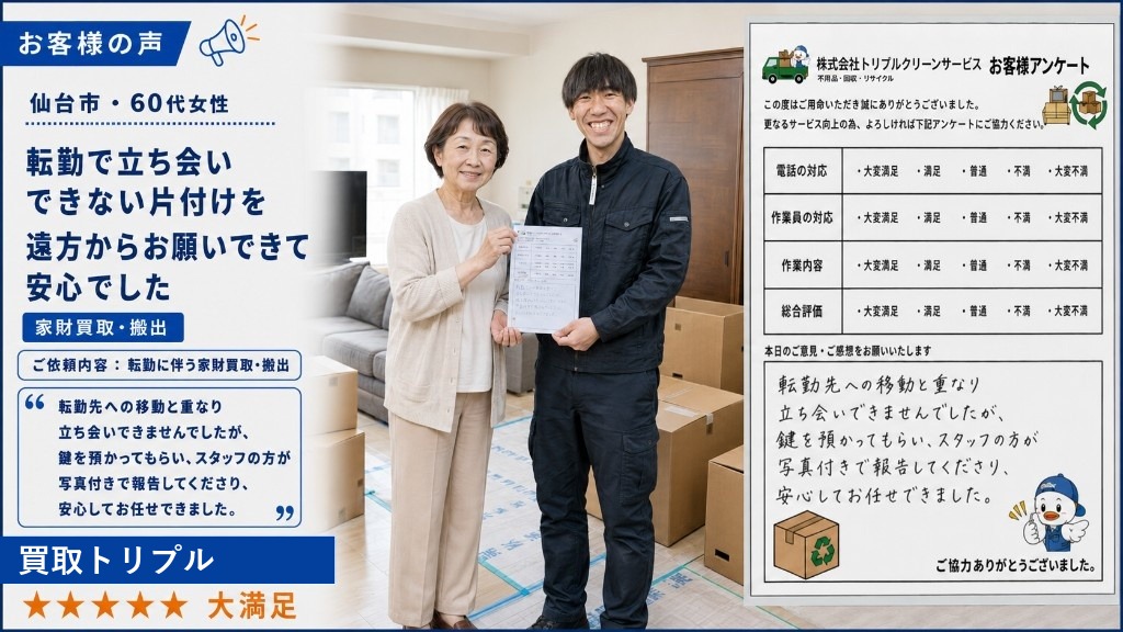 仙台市・60代女性のお客様の声（転勤に伴う家財買取）