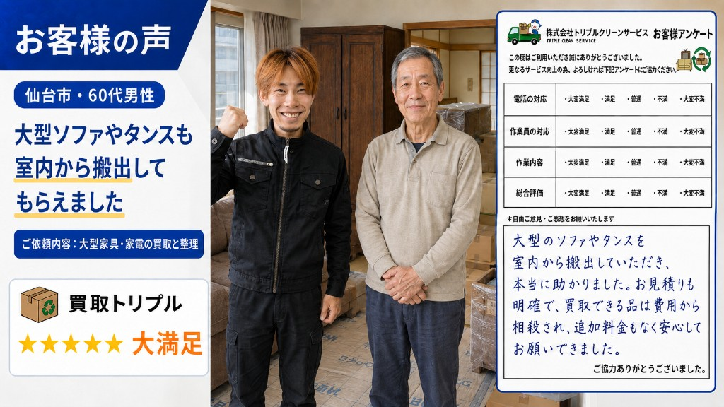 仙台市・60代男性のお客様の声。大型ソファやタンスも室内から搬出してもらえました。