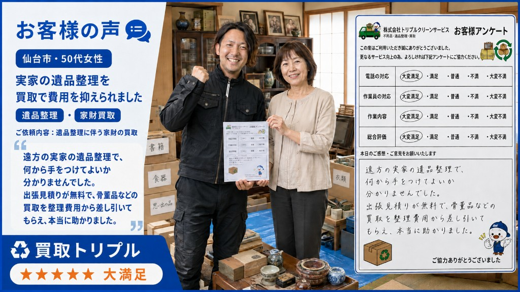 仙台市・50代女性のお客様の声。実家の遺品整理を買取で費用を抑えられました。