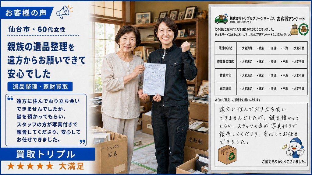 仙台市・60代女性のお客様の声。親族の遺品整理を遠方からお願いできて安心でした。