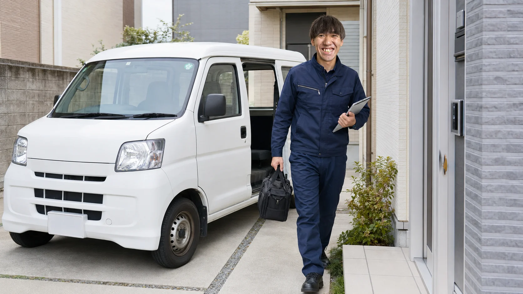 白いワンボックスカーで出張査定に訪問する担当者