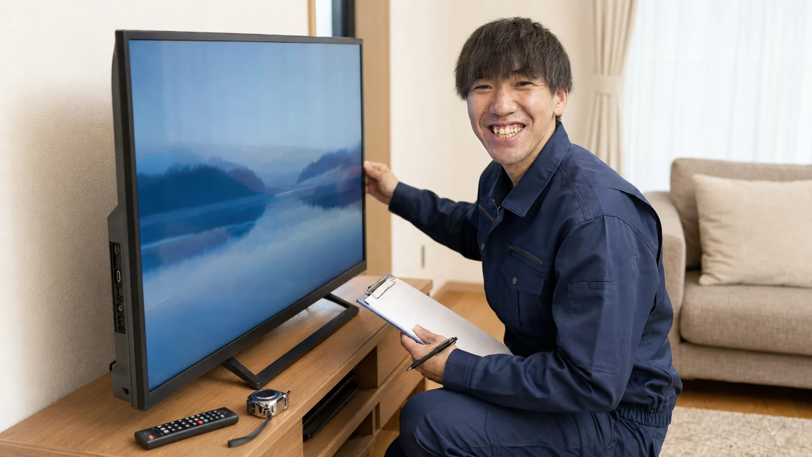 大型液晶テレビを査定する担当者