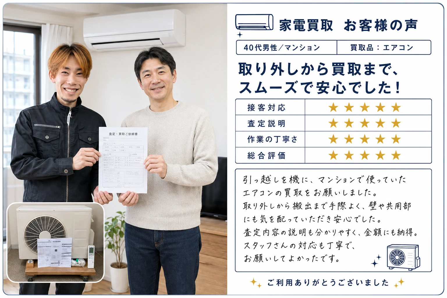 エアコン買取のお客様の声。取り外しから買取までスムーズで安心でした