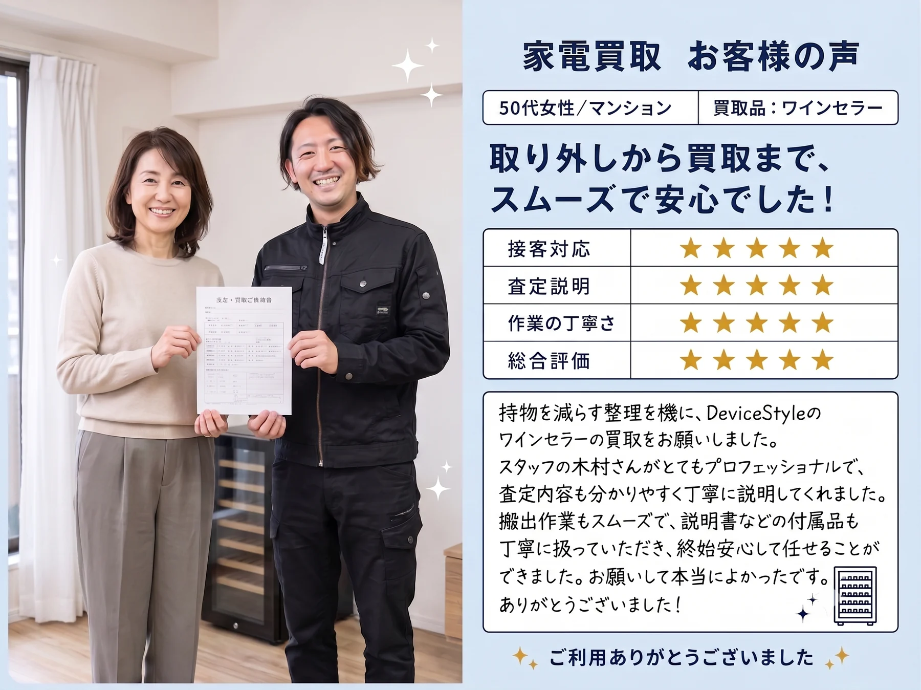 ワインセラー買取のお客様の声。取り外しから買取までスムーズで安心でした