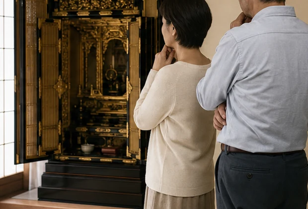 実家の金仏壇について家族で相談する場面