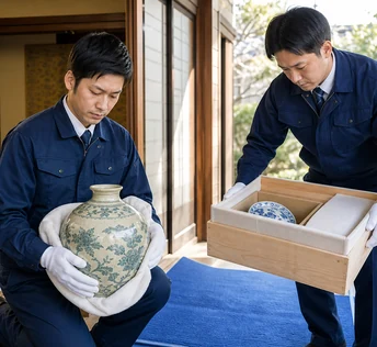 大壺や陶磁器を養生しながら丁寧に搬出するスタッフ
