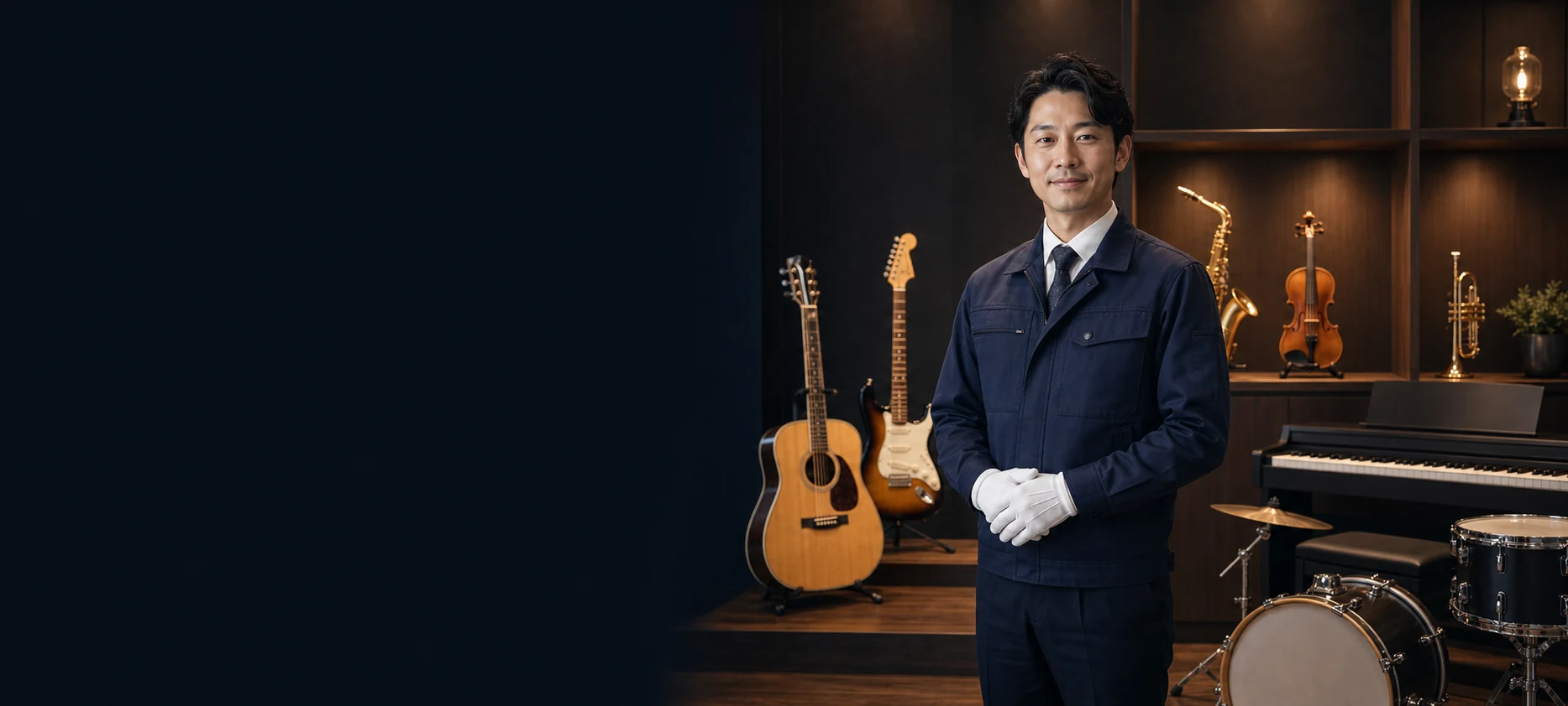 ギター、サックス、ピアノなどの楽器と査定スタッフ