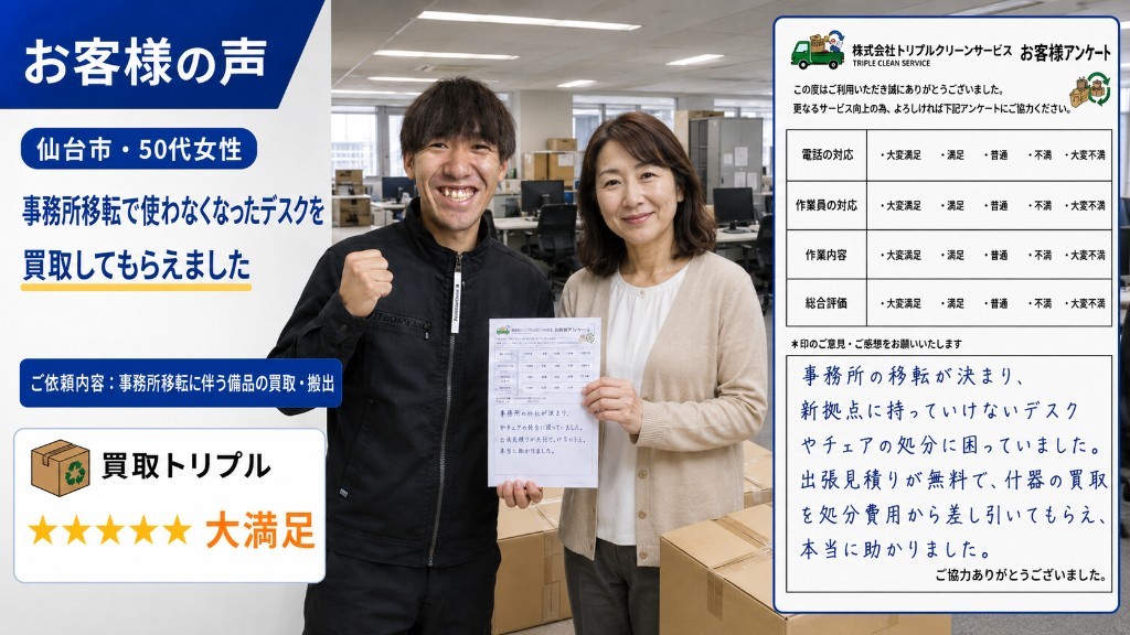 仙台市・50代女性のお客様の声（事務所移転に伴う備品の買取）