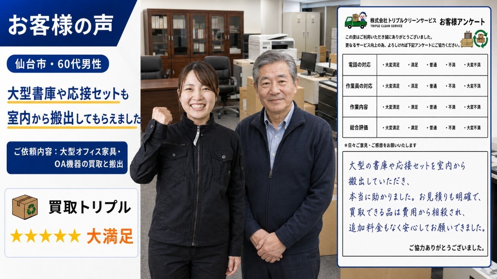 仙台市・60代男性のお客様の声（事務所閉鎖の大型什器搬出）