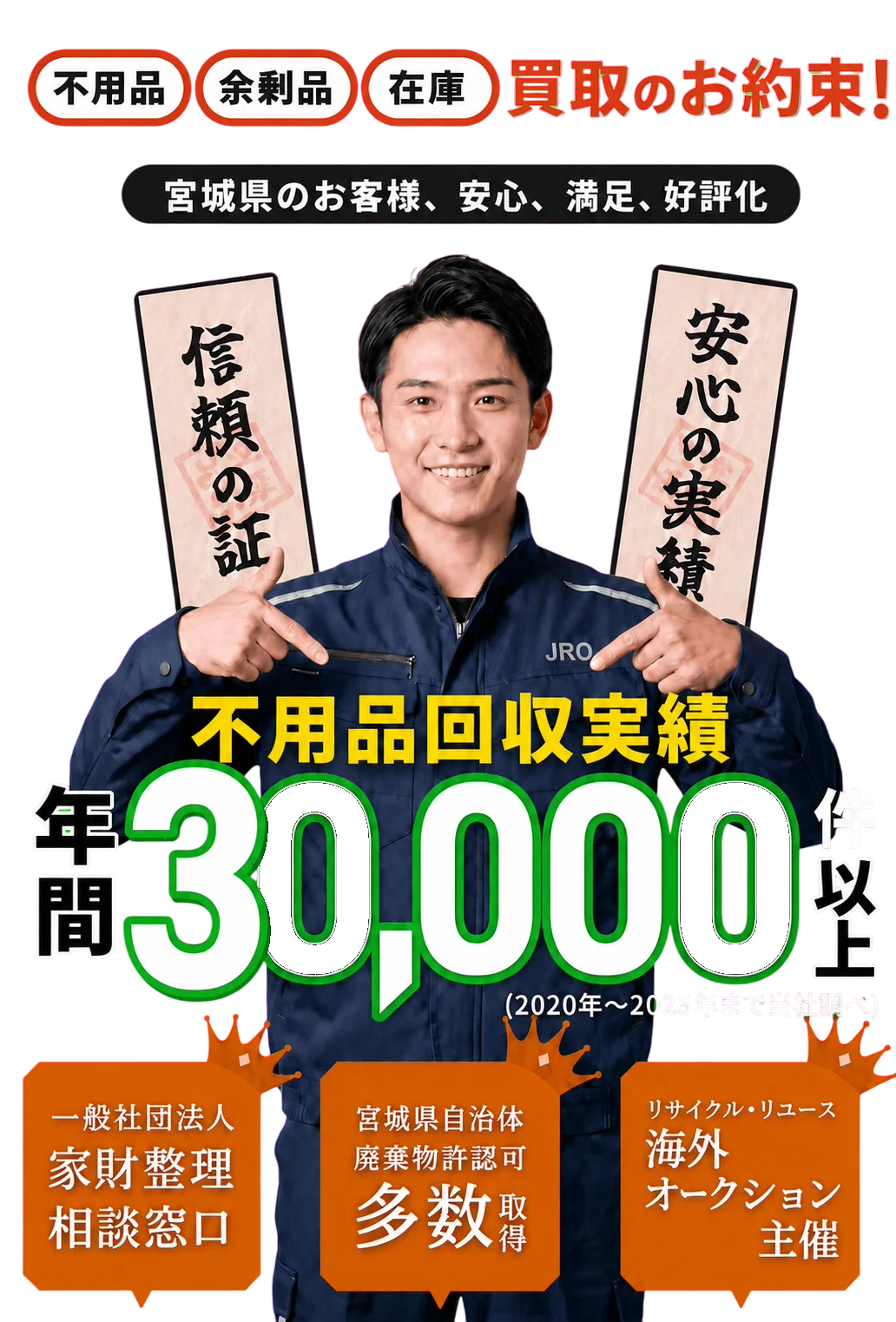 不用品・余剰品・在庫買取のお約束。JRO一般社団法人日本リユース機構加盟、不用品回収実績毎年30,000件以上