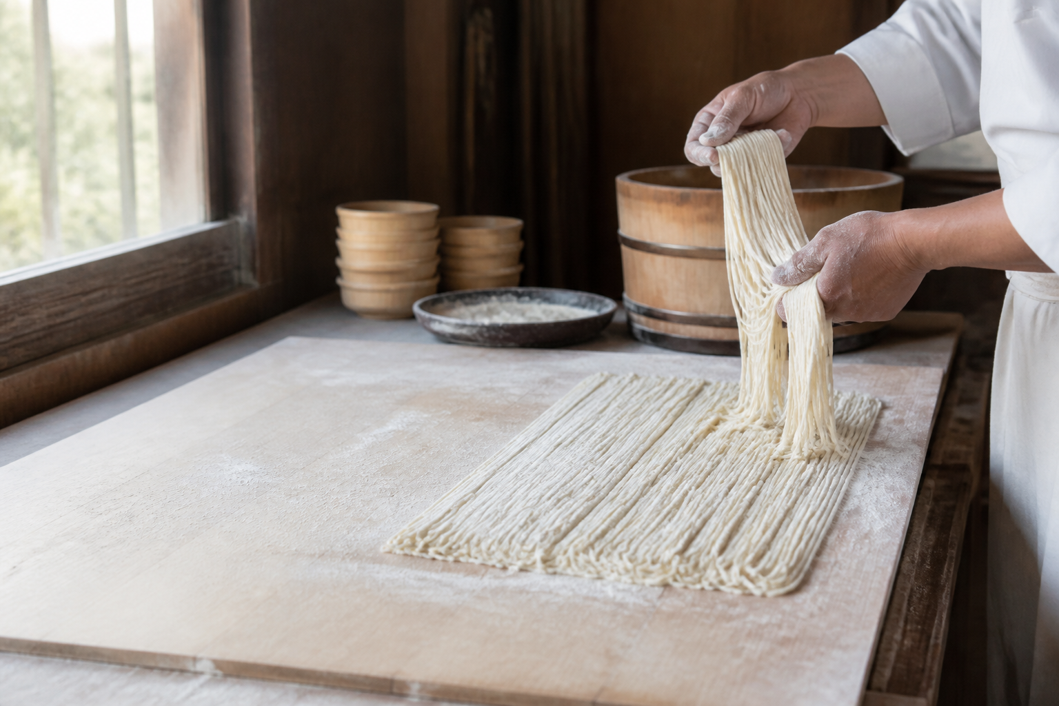 白石温麺の手仕事をイメージした工房風景
