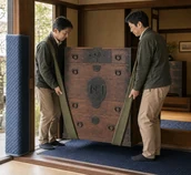 骨董箪笥を保護しながら丁寧に搬出するスタッフ