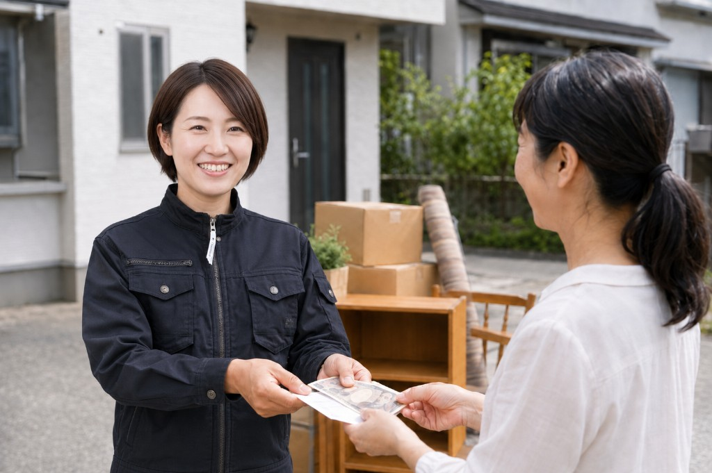作業完了後に買取精算金をお渡しするスタッフ