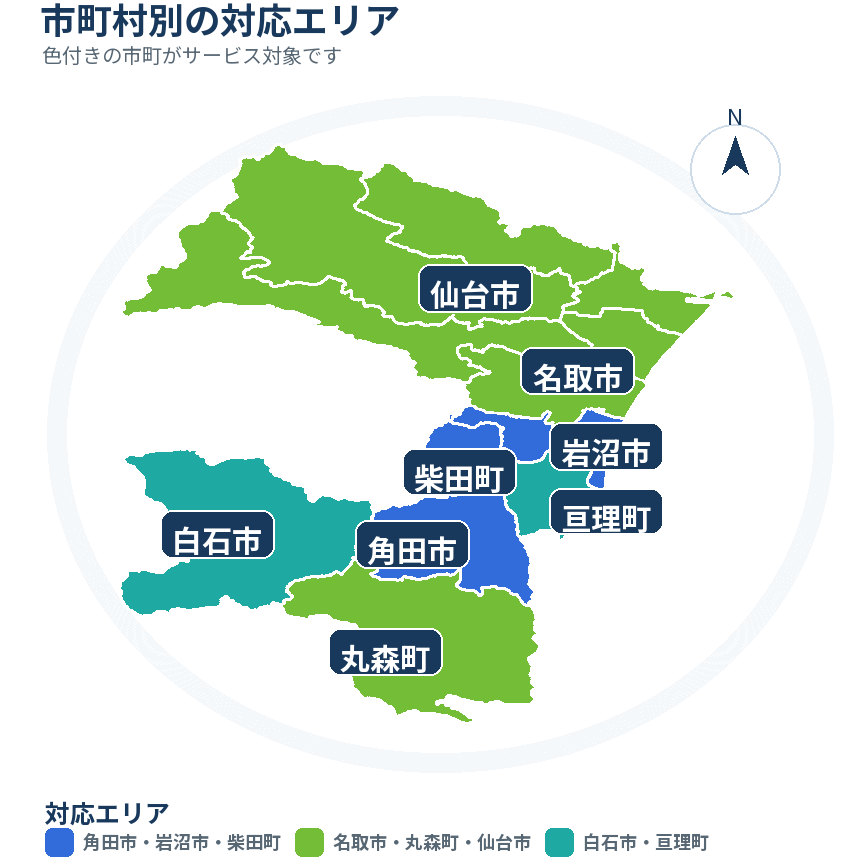 仙台市を中心とした宮城県の対応エリア