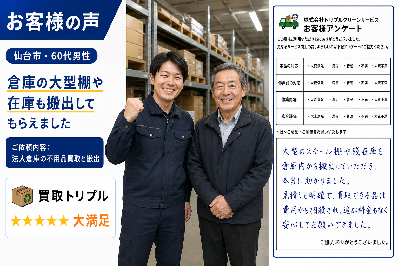 仙台市・60代男性のお客様の声（倉庫の大型棚・在庫搬出）