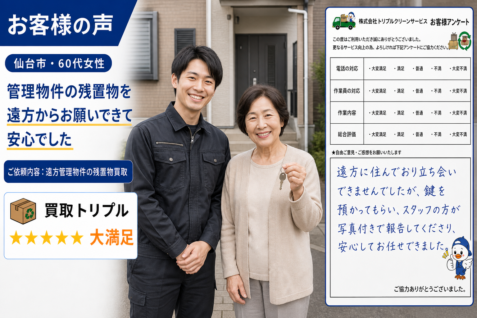 仙台市・60代女性のお客様の声（遠方からの管理物件残置物）