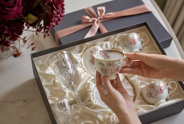 結婚式の引き出物として受け取った食器セットを整理する場面